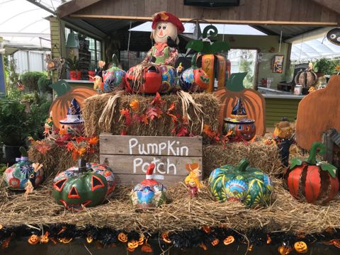 Painted pumpkins and the Pumpkin Patch sign on a hay bale display